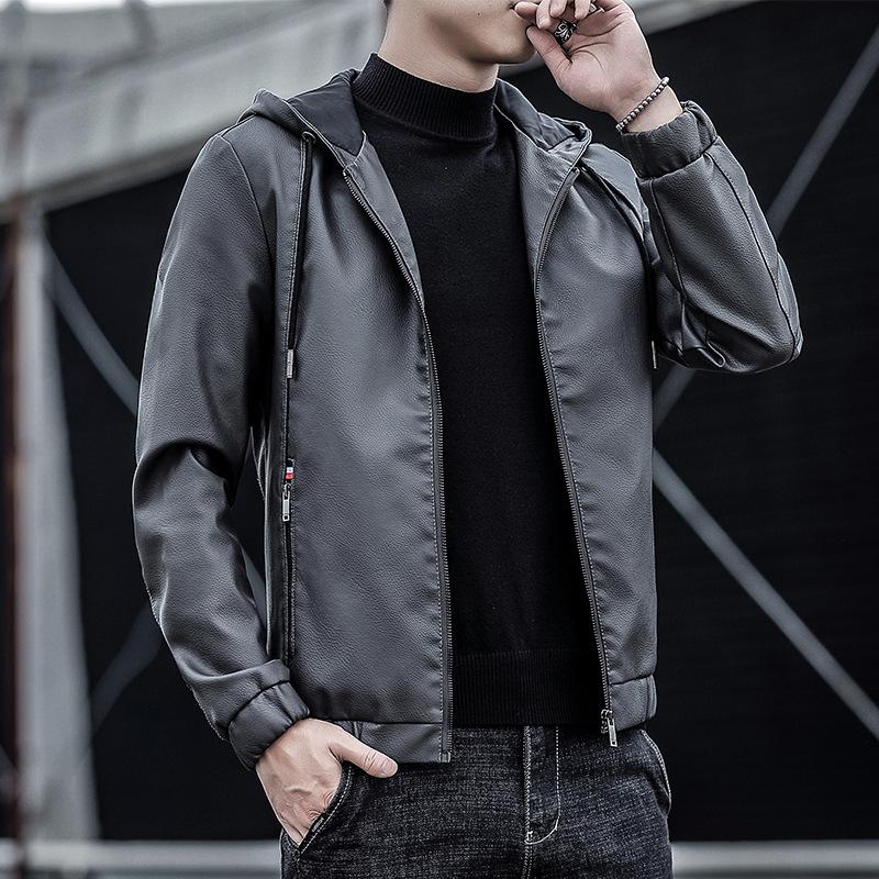 

Мужская кожаная куртка с капюшоном, осенняя новая корейская молодежная простая кожаная куртка, модная повседневная байкерская одежда, рабочая куртка 4XL серый