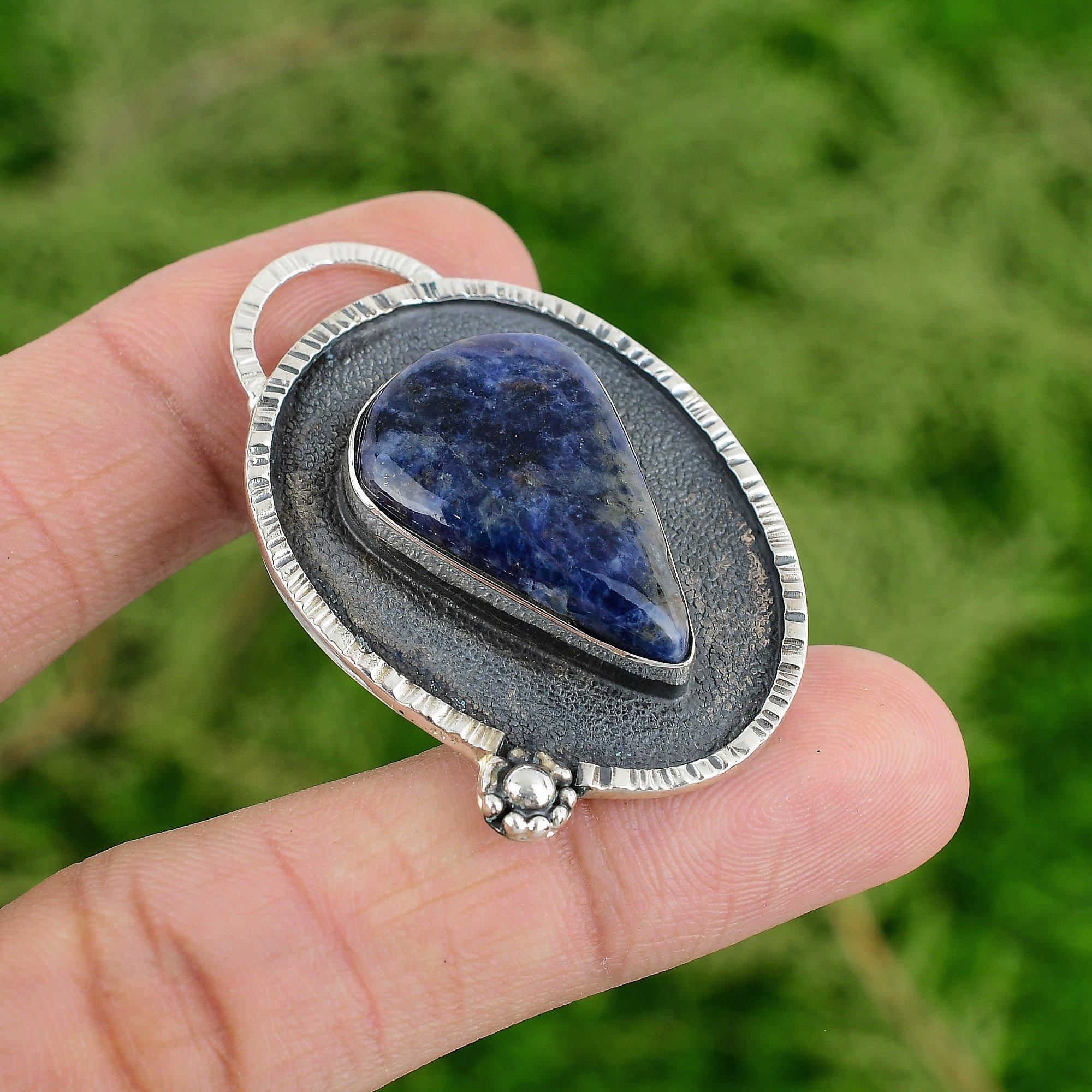 

925 Silver Sodalite Gemstone Third Eye Chakra Wedding Bezel Boho Pendant Jewelry