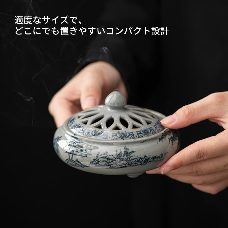 Stylish Ceramic Incense Holder with Lid, Stainless Steel Mesh, and Non-flammable Sheet. Incense Set with Spiral Incense. Perfect for Buddhist Altars,