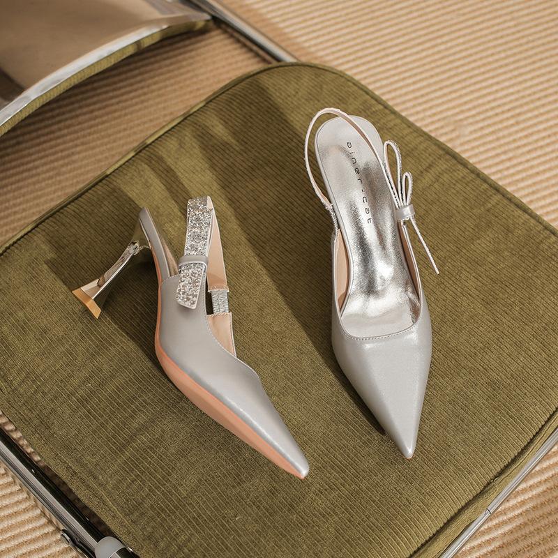 73217 [sheepskin] High Heels Women's Thin Heels 2025 New Bag Head Empty Sandals French Pointed Single Shoes