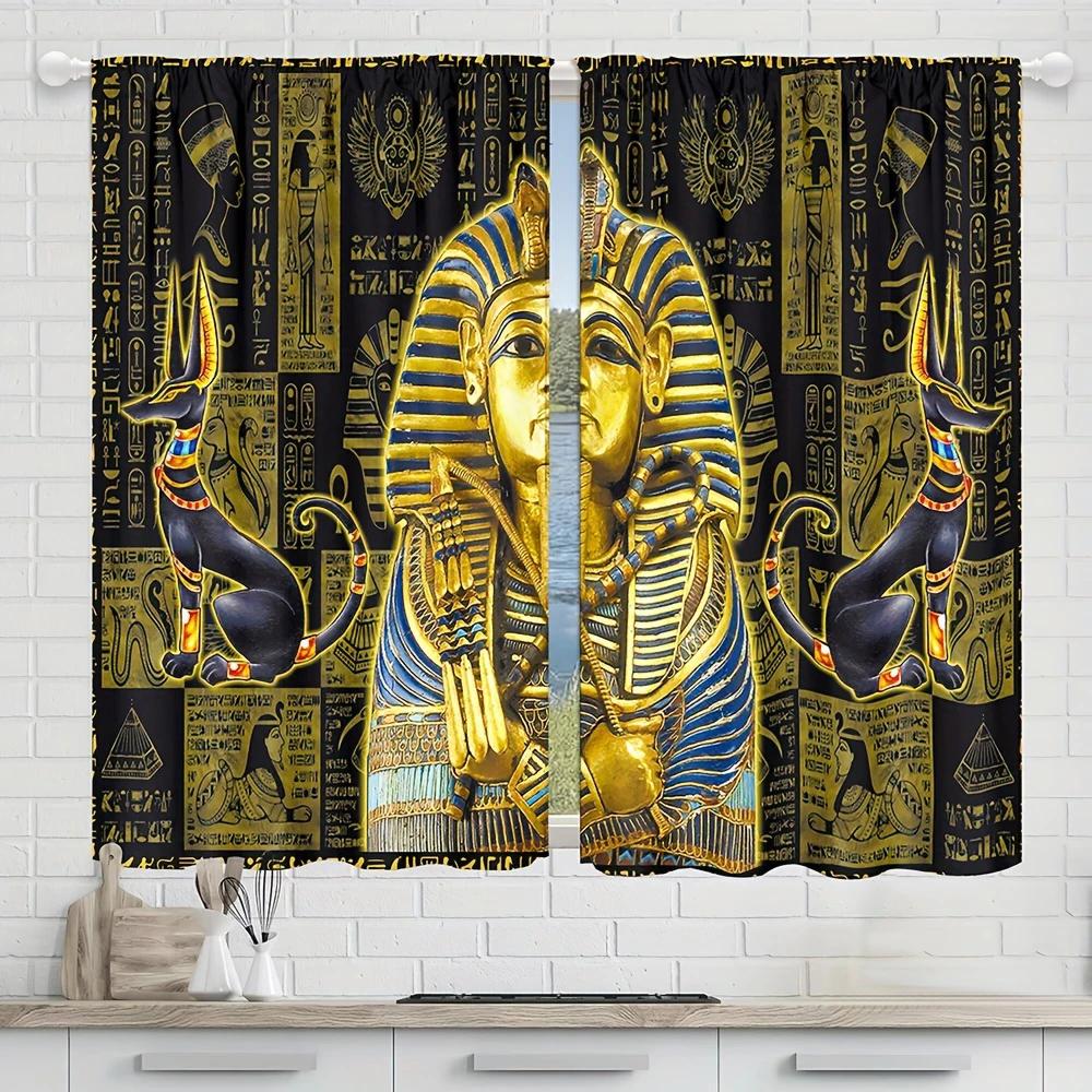 2 pieces of golden Egyptian Pharaoh ancient pattern printed curtains   pole bag curtains   home decoration   room decoration