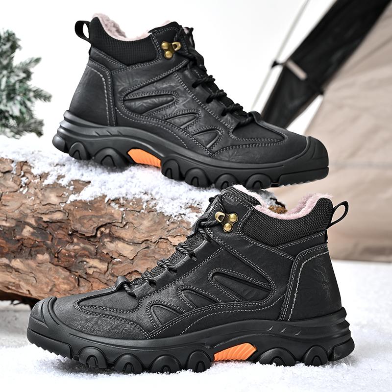 Fashion Genuine Leather Men's Snow Boots Super Warm Plush Outdoor Boots Retro Style Non-slip Hiking Boots Winter Travel Hiking Footwear