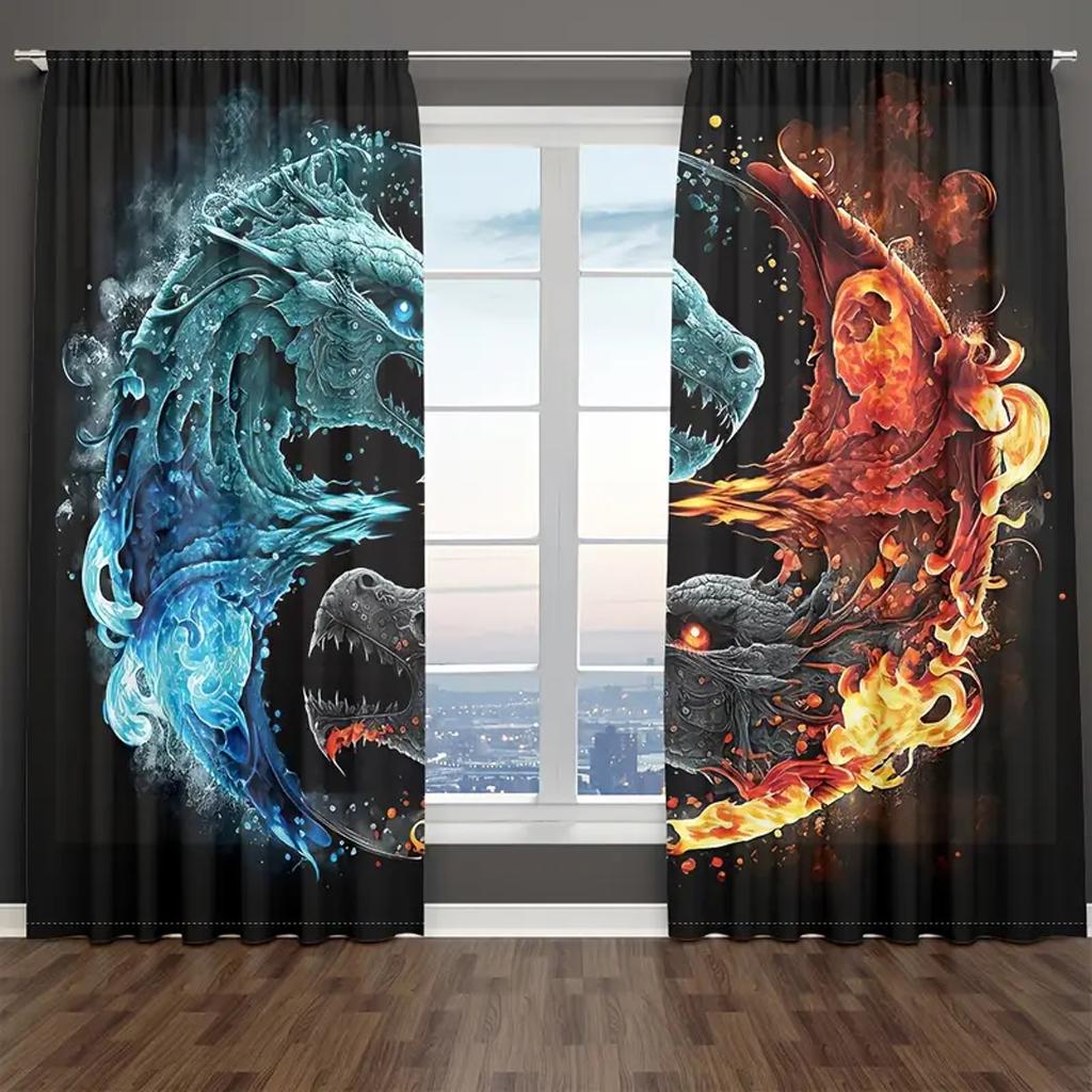 2 PCS Chinese Happy New Year Dragon Pirnt Curtains, 3D Print Window Curtains for Living Room Bedroom Red and Gold Free Shipping
