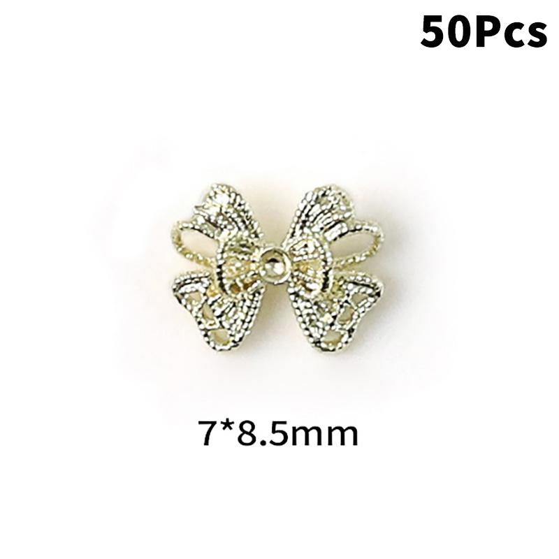 50Pcs Gold/Silver/White Metal Alloy Ribbion Bowknot Nail Charms 3D Luxury Metal Bow Manicure Parts Manicure Accessories
