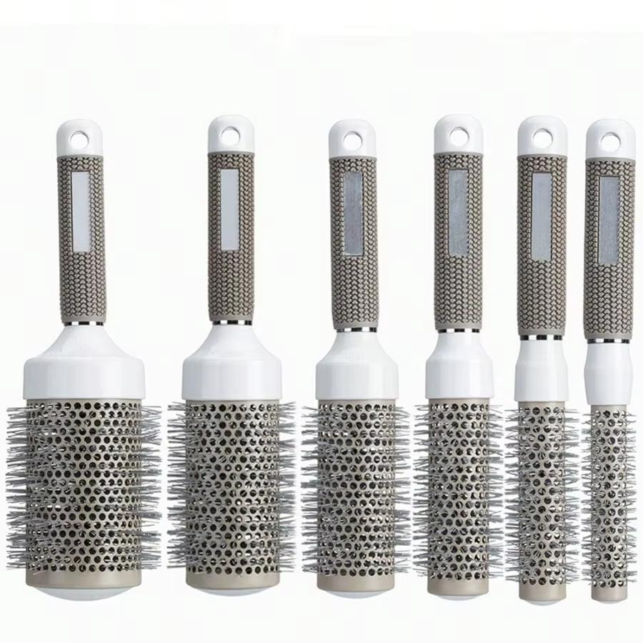 Single Grey White Barrel Round Hair Brush, Ceramic Aluminum Tube Curling Comb, Professional Round Styling Brush for Hair Modelin