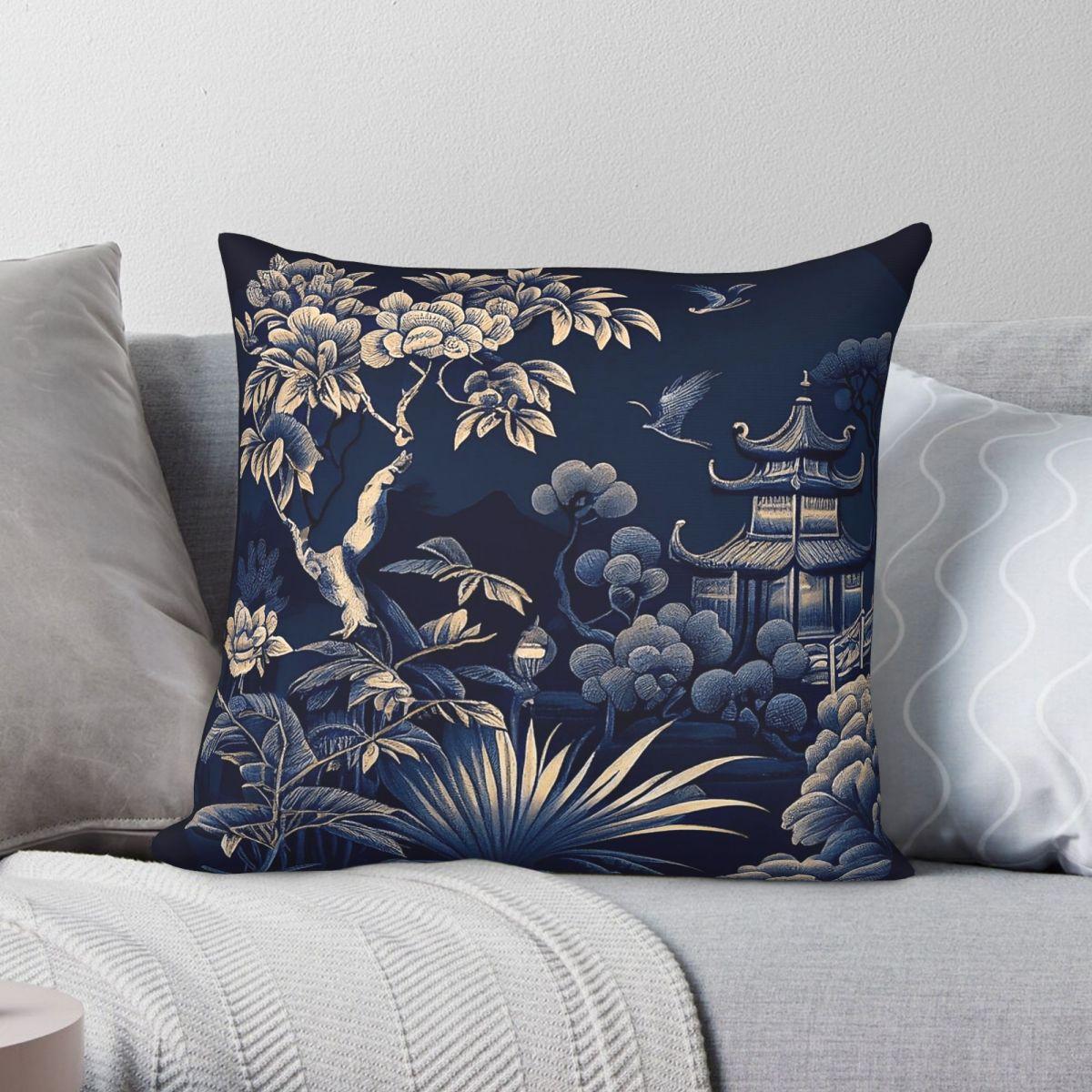 Exquisite Ornaments Unisex Chinoiserie Pagoda Square Pillowcase Polyester Linen Velvet Printed Zip Decorative Throw Pillow Case Car Cushion Cover
