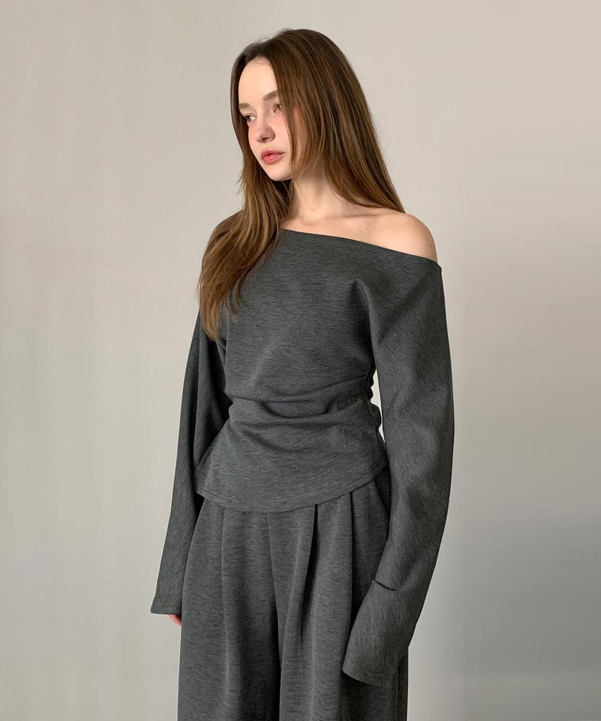 Baseukala [Set] Off-Shoulder Shirring Top + Wide Pants Set-Up (3Colors)