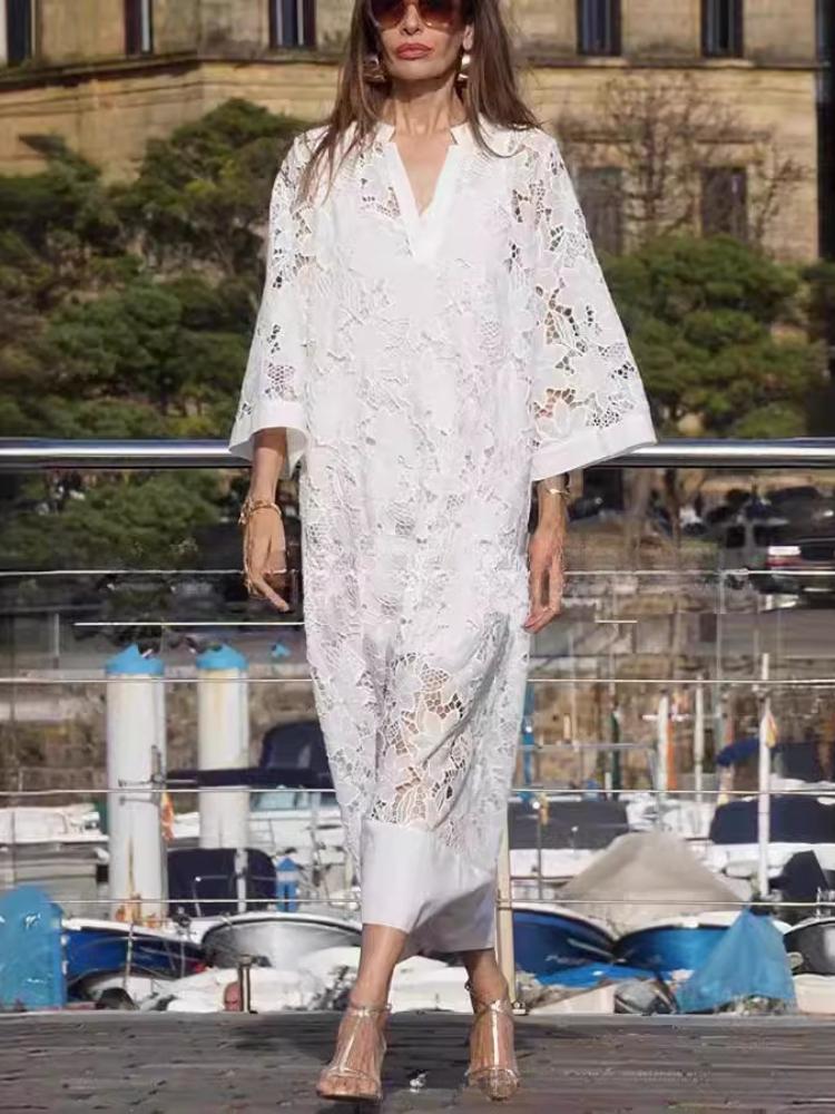 

Кружевное платье из молочного шелка свободного кроя средней длины однотонное 5XL белый