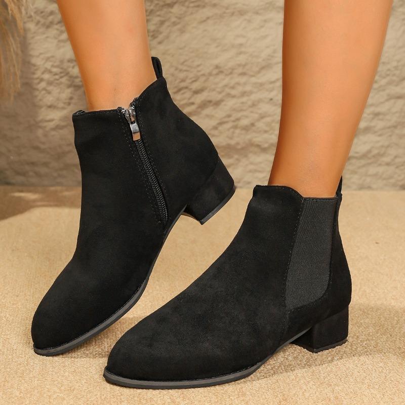 

Женские ботильоны 2025 года с острым носком и толстой подошвой, замшевый верх, простой и универсальный стиль, осенняя повседневная обувь, ботильоны 36 чёрный