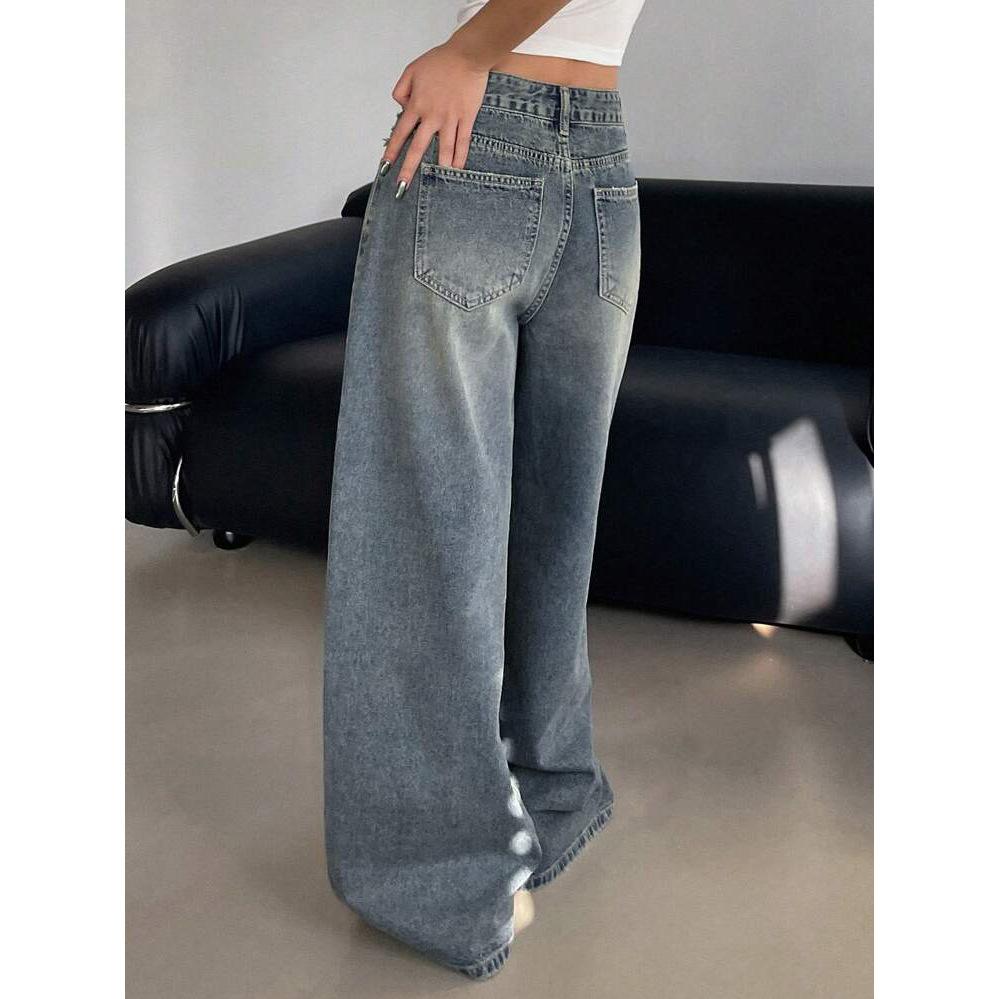 High Street Retro Jeans Gewaschen Alt Gerade Locker Weite Beine Einfache Lässige Hose