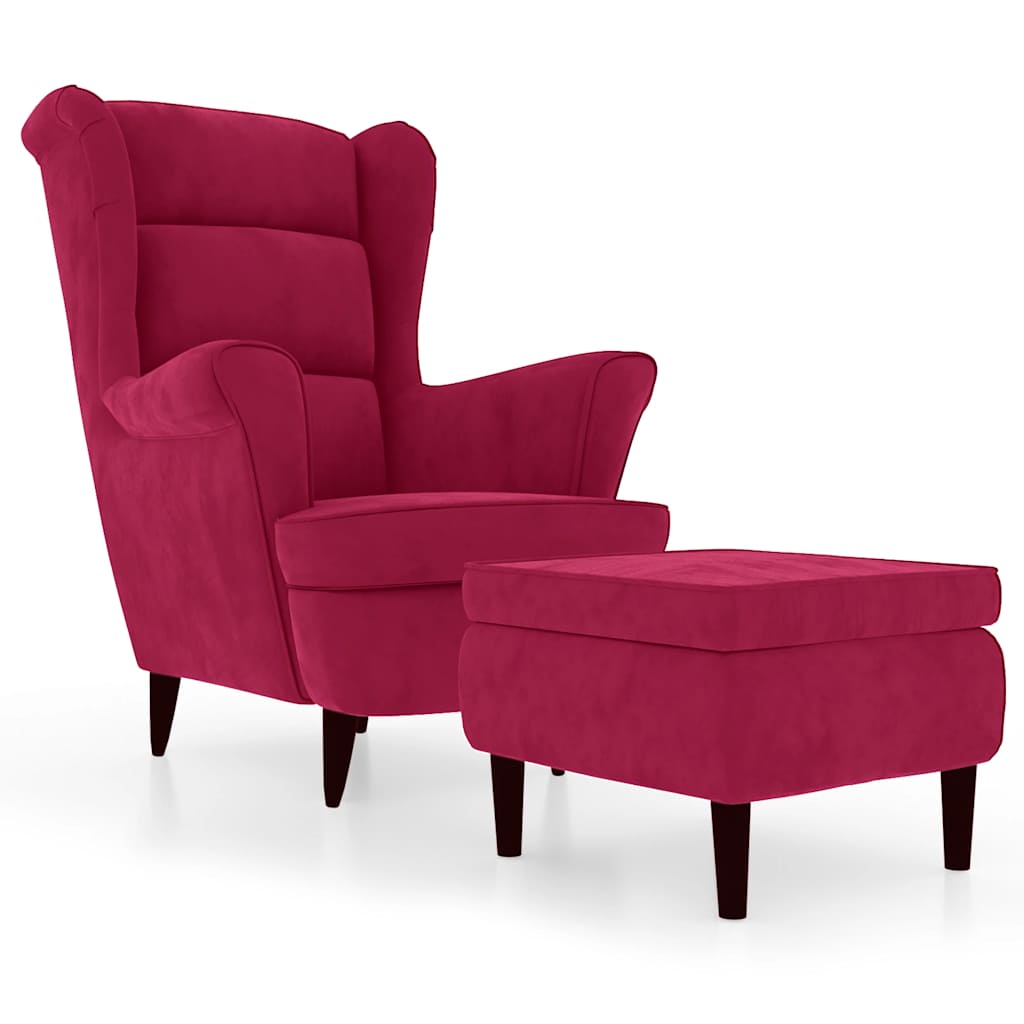 Velvet Armchair with Footstool in Burgundy Red