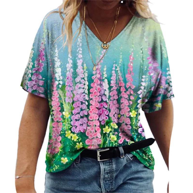Women's T-shirts Summer Gradient Graphics Tops V-Neck Fashion Female Vintage Clothing Floral Print Tees Loose Oversized T-Shirts