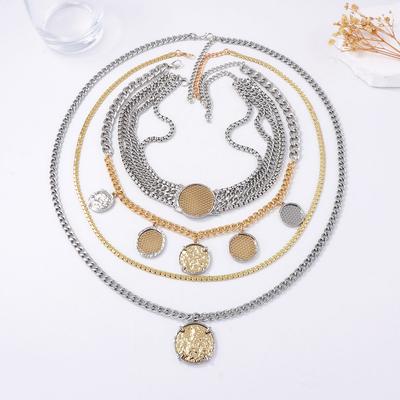 Personality Trend Light Luxury Premium Design Sense Multi-layer Chain Alloy Geometric Badge Coin Pendant Necklace