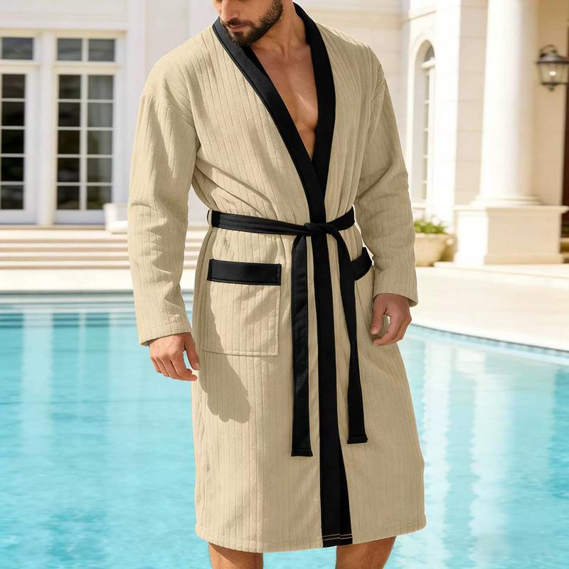 Men's Waffle Knit Bath Robe Long Sleeve V-Neck Kimono Style Sleepwear with Belt and Pockets