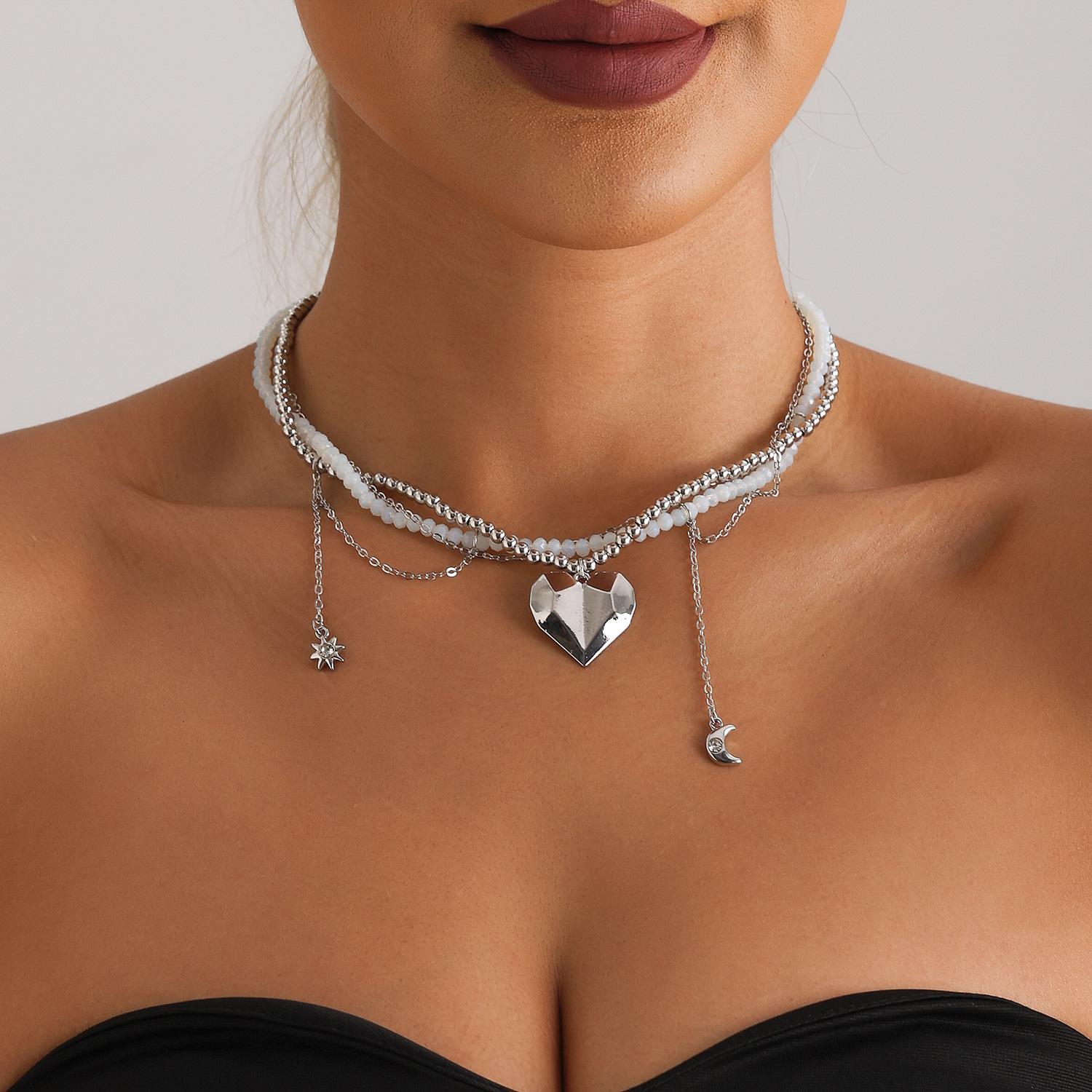 

LATS Light Luxury Heart Moon Star Tassel Clavicle Chain Double-layer Crystal Rice Bead Necklace for Women Fashion Zircon Gifts