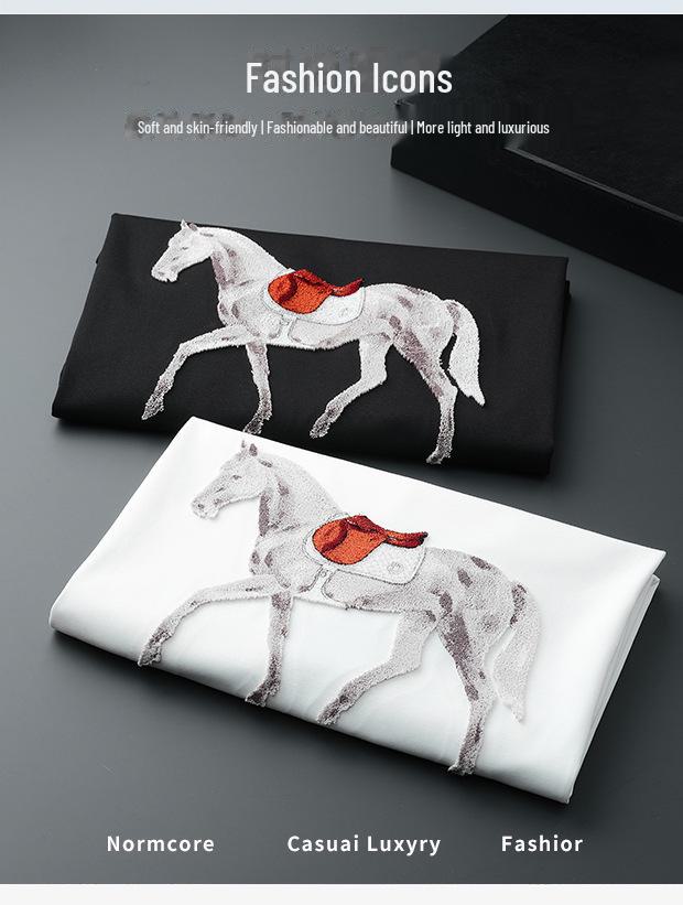 European Light Luxury Embroidered Warhorse Men's Ice Silk T-Shirt – Short-Sleeved, Breathable, Round Neck, Trendy Summer Style