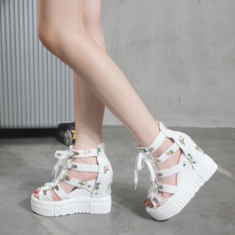 Summer new fish mouth muffin wedge heel sandals women's flower trend fashion hollow lace-up student women's sandals