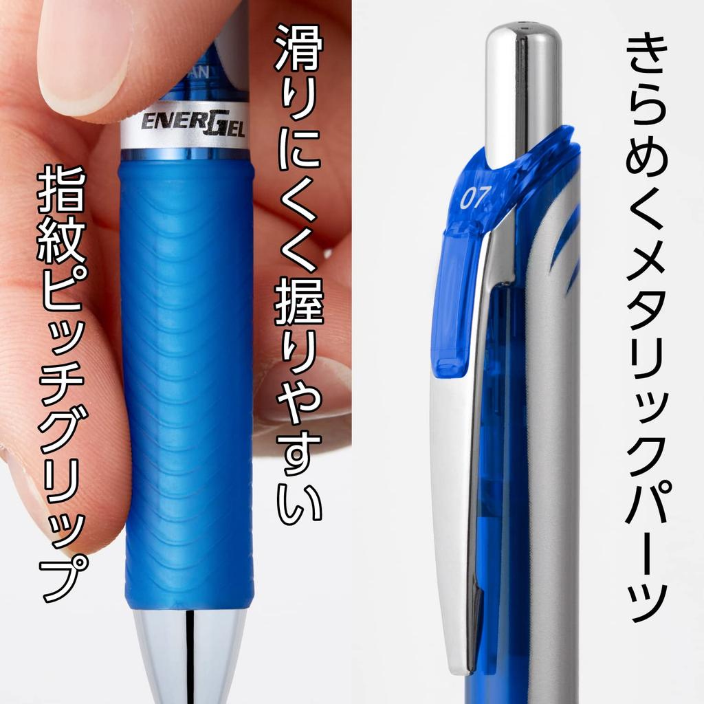 Pentel EnerGel Ballpoint Gel Silver 10 Pens Pen, Ink, Retractable, 0.7mm, Barrel, Blue,