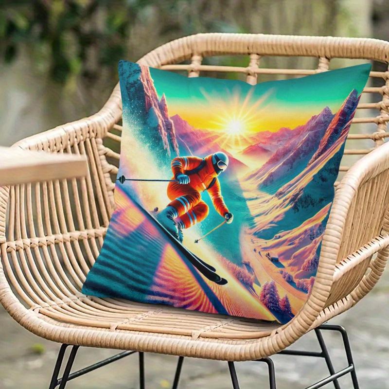 Pillowcase 1Pc, Skier Downhill Slope, Printed Holiday Theme Cushion Cover With Hidden Zipper, Suitable For Sofa, Living Room, Of