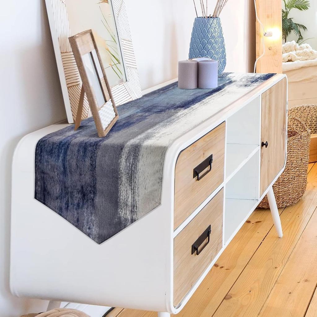 Blue and Grey Table Runner 13x72 Inch Modern Abstract Art Painting Kitchen Dinning Table Decoration for Home Party Décor