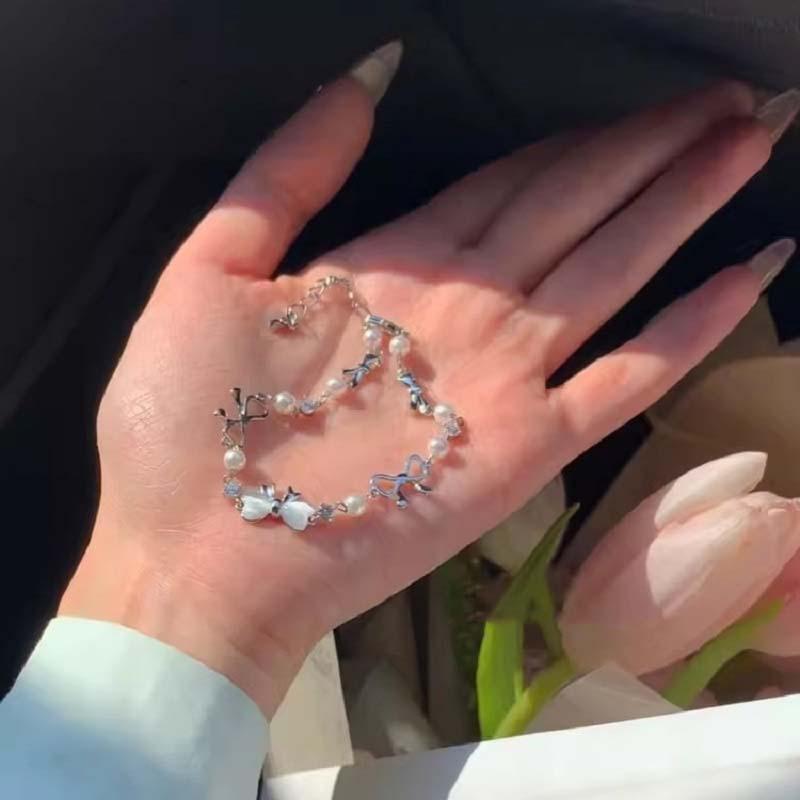 Silver Bow Pearl Bracelet, Women's Korean Bracelet, Party Jewelry Accessory Gift