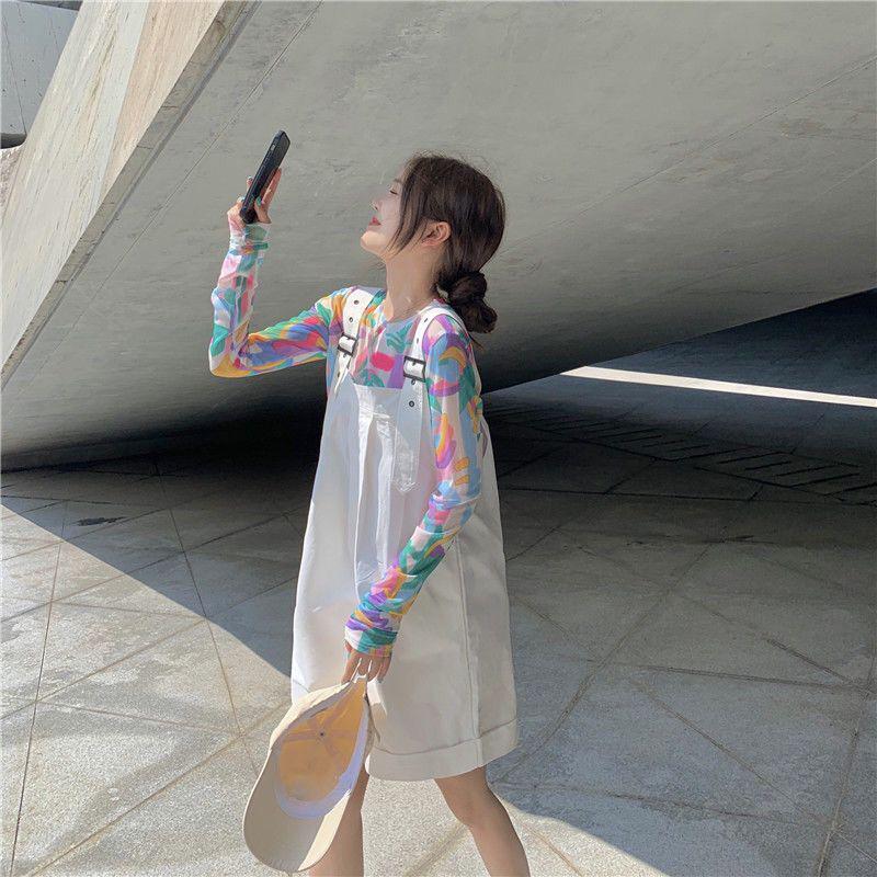 Korean Style Two-Piece Set: Loose Mesh Sun Protection Top + Fashionable Slimming Bib Shorts for Female Students.