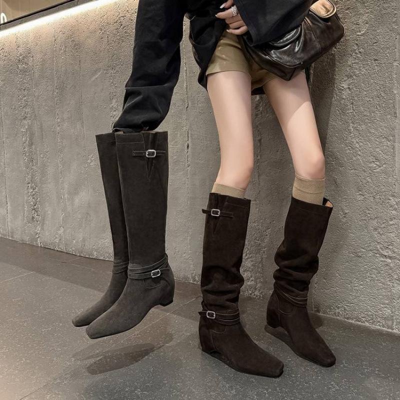 Autumn and winter leather fashion boots solid color versatile square head medium heel large size women's boots new cow fleece slope heel high boots