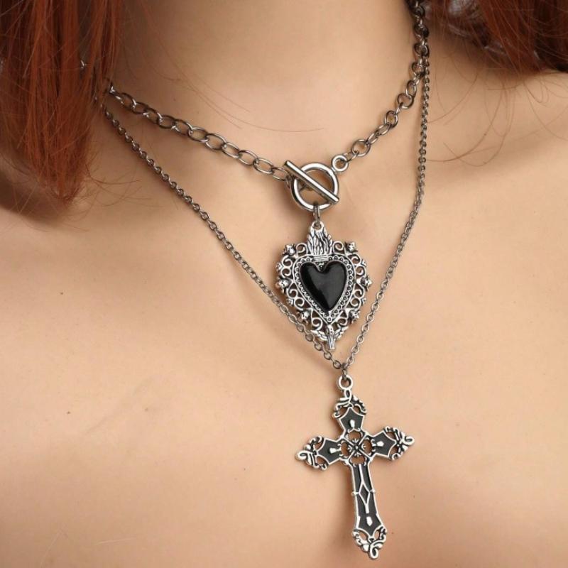 Gothic Heart Shaped Cross Pendant Necklace Set Women'S Punk Style Y2K Accessories Personalized Jewelry Gifts