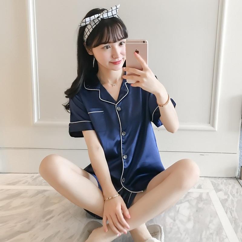 Women's Ice Silk Short Sleeved Shorts Pajama Set Imitation Silk Lapel Cardigan Home Clothes Lightweight And Breathable Two-piece Set