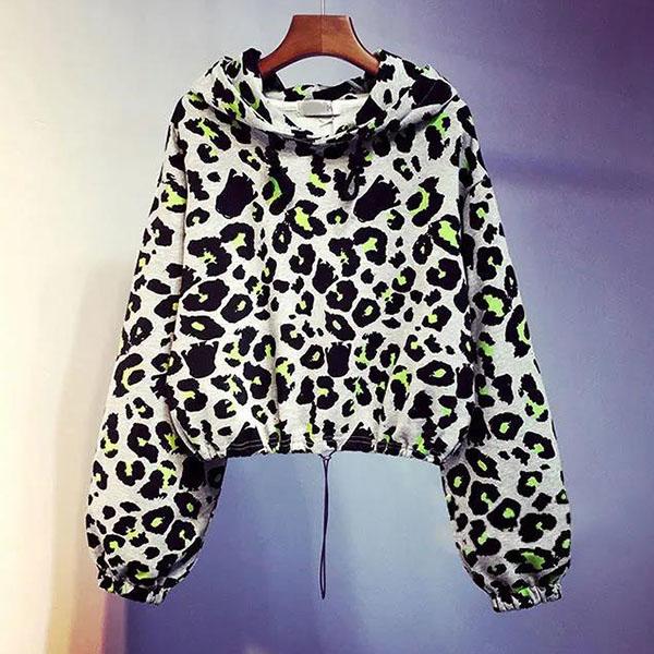 WTEMPO Dámské jarní podzimní kabáty s dlouhým rukávem s leopardím potiskem, velká velikost, volný střih, streetwearové krátké bundy s kapucí