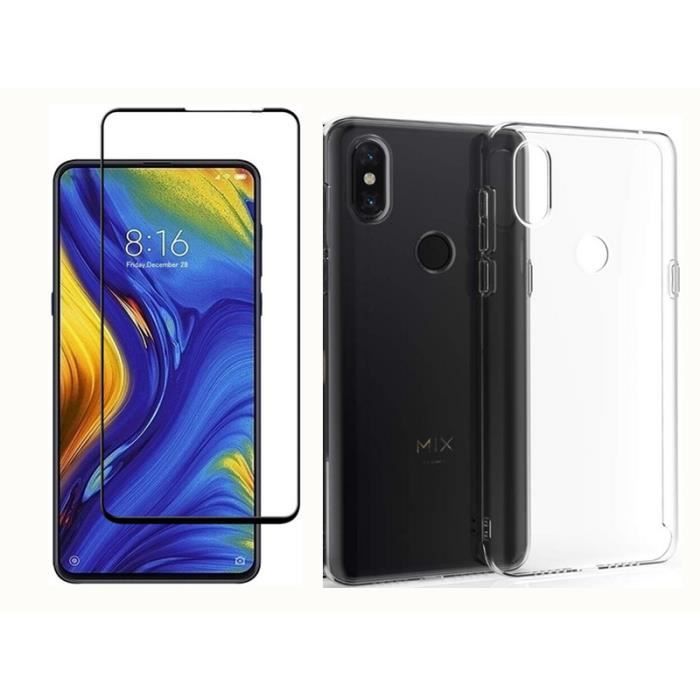 Couverture Complète Verre Trempé pour Xiaomi Mi MIX 3,Noir + Verre trempé Protection écran, Souple Etui Transparente Silicone
