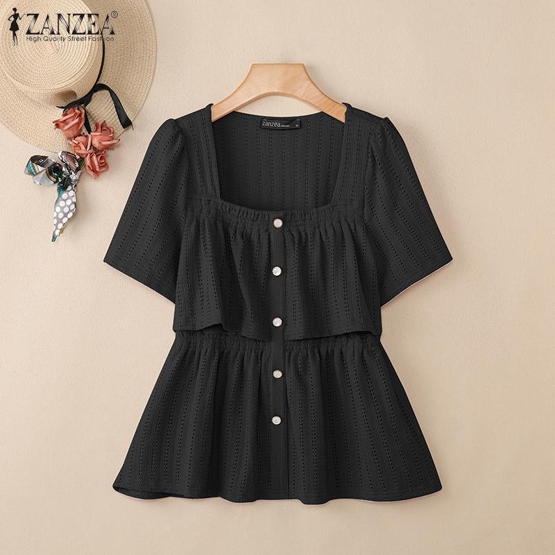 

ZANZEA Женская блузка с квадратным вырезом, короткими рукавами, многослойными оборками и ажурной отделкой, повседневная 5XL чёрный