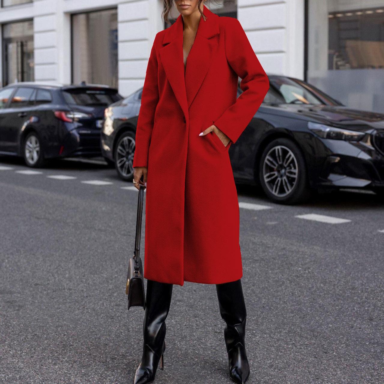 

YYFS Женская мода повседневная осень-зима однотонный принт длинный рукав воротник поло пальто женские XL красный