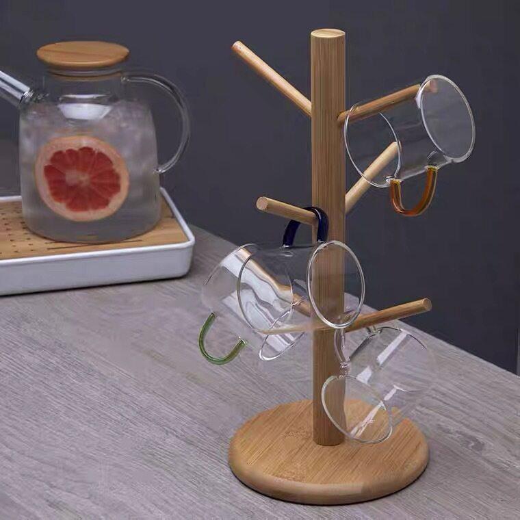 Set Tree Shape Wood Tea Cup Storage Holder Stand Mug Hanging Display Rack Drinkware Shelf 6 Hooks