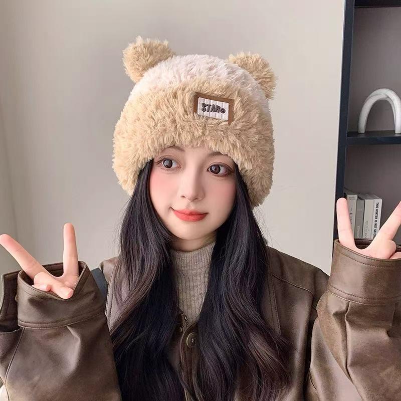Autumn and winter warm bear hat women's new sticker letter plush knitted hat thickened cold-proof plush hat ear protection hat