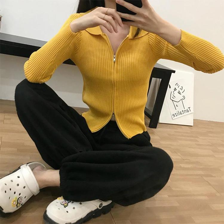 Autumn Winter Sexy Skinny Navel Lapel Double Zipper Pit Strip Knit Cardigan Sweater Short Jacket Long Sleeve Top Solid Color