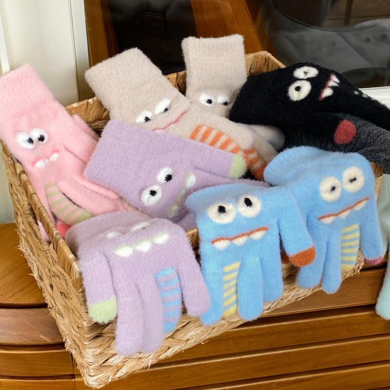 Funny Monster Finger Touch Screen Plush Knitted Gloves Cute Winter Knitted Gloves Warm Thickened Velvet Split Finger Gloves