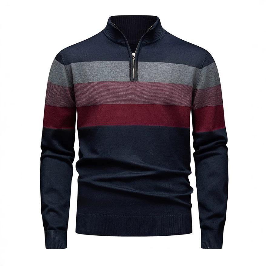 Autumn Winter Knitted Sweater Men Half Zipper Striped Pullovers Stand Collar Knit Casual Sweater Man