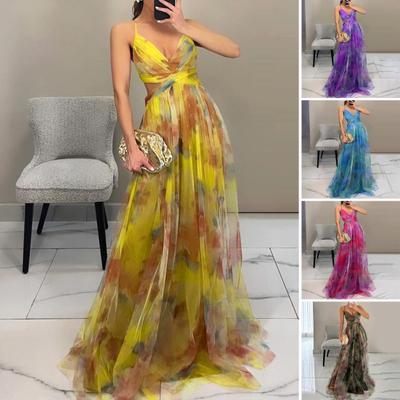 Women's Spaghetti Strap Maxi Dress Floral Boho Deep V-Neck Hollow Out Mesh Pleated Dress Summer Beach Party Swing Long Dress