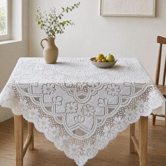White Lace Tablecloth, Square Scalloped Floral Lace Doily, Elegant Vintage Table Cover for Nightstand End Table Tea Party Home Decor