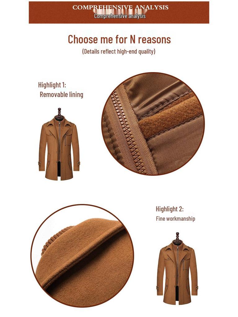 Men's Woolen Double Collar Business Overcoat - Autumn/Winter Style