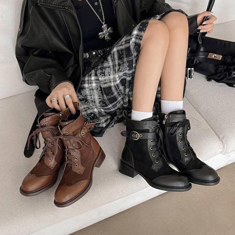 Autumn and Winter Leather Knight Boots Women's Thick-soled Non-slip Medium Heel Round Head Versatile Women's Leather Boots New Cowhide Medium Boots