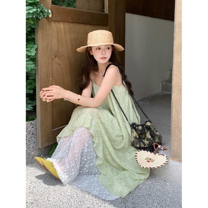 French fresh green lace floral splicing suspender dress women s summer temperament seaside vacation irregular long dress S зелёный