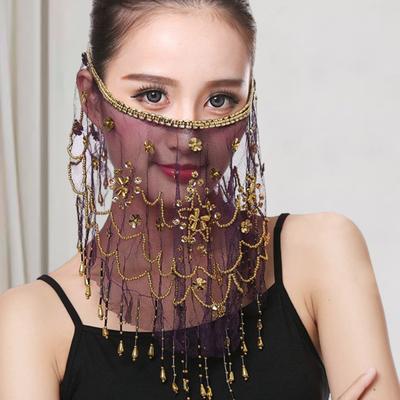 Performance Veil Flower Sequins Beads Decor See-through Lace Belly Dance Tribal Face