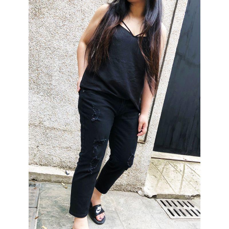 

Miss Biggie Fashion Plus Size Slim Looking Easiest for Match Low Waist Ripped Low Elastic Plaid Black Cropped Denim Black L