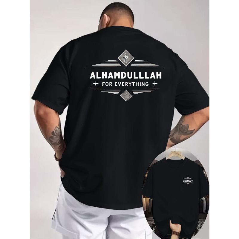 Print Man Europese maten ALHAMDULLLAH Dankbaarheid T-shirt, ALHAMDULLLAH met Arabische Slogan Voor- en Achterkant Print, Islamitisch Cultureel Design 4XL zwart