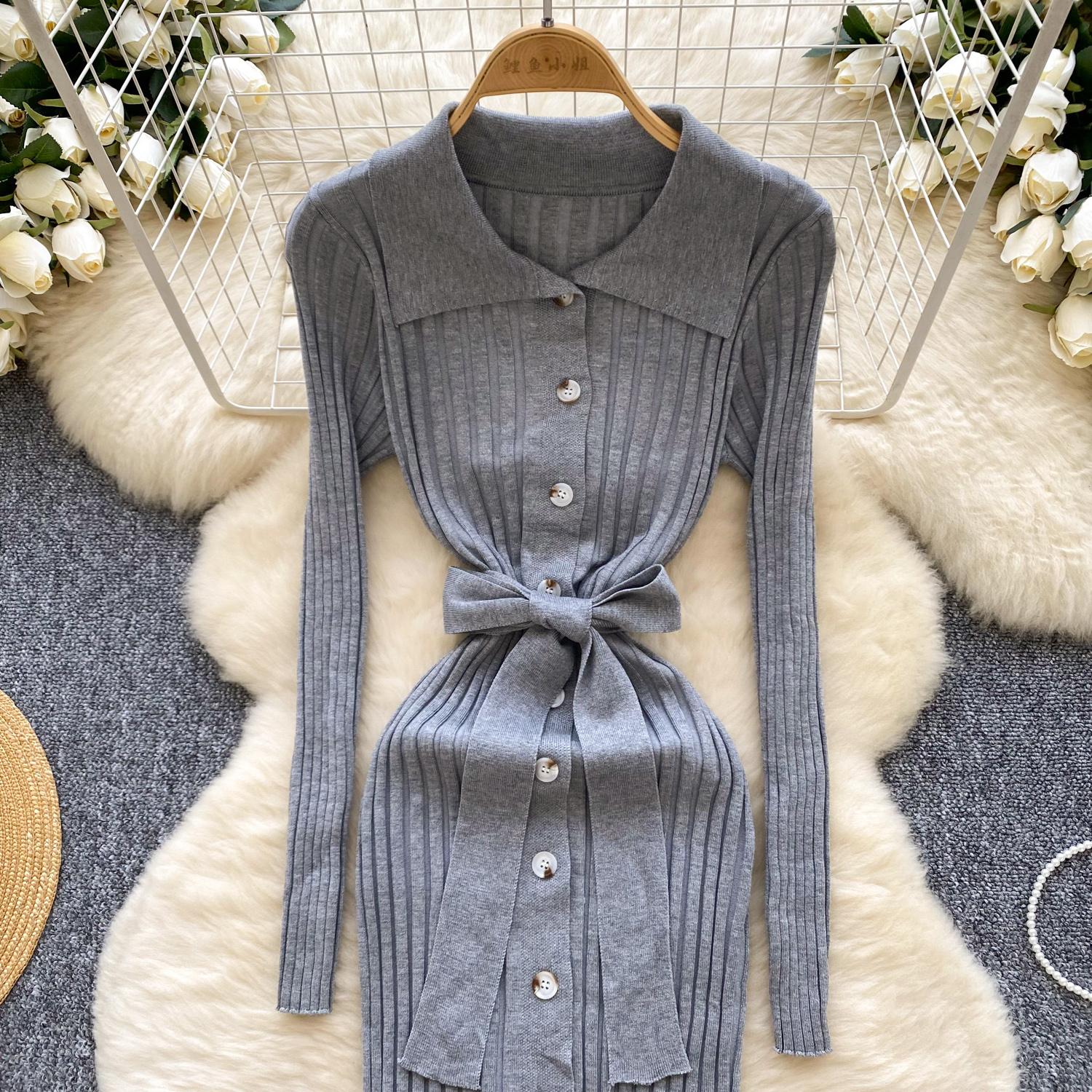 Винтажное отложной воротник элегантное длинное рукав однобортное бандажное трикотажное — фото 18