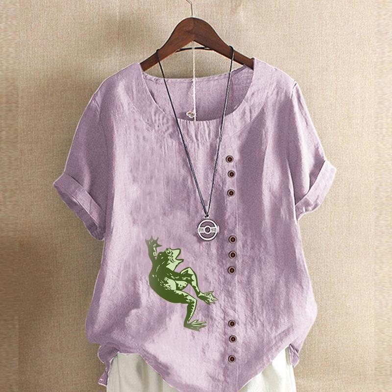 Women's Fashion Frog Prined Short Leeve T-shirt Loose Cotton Shirt Casual Loose Summer Blouse Tops Plus Size
