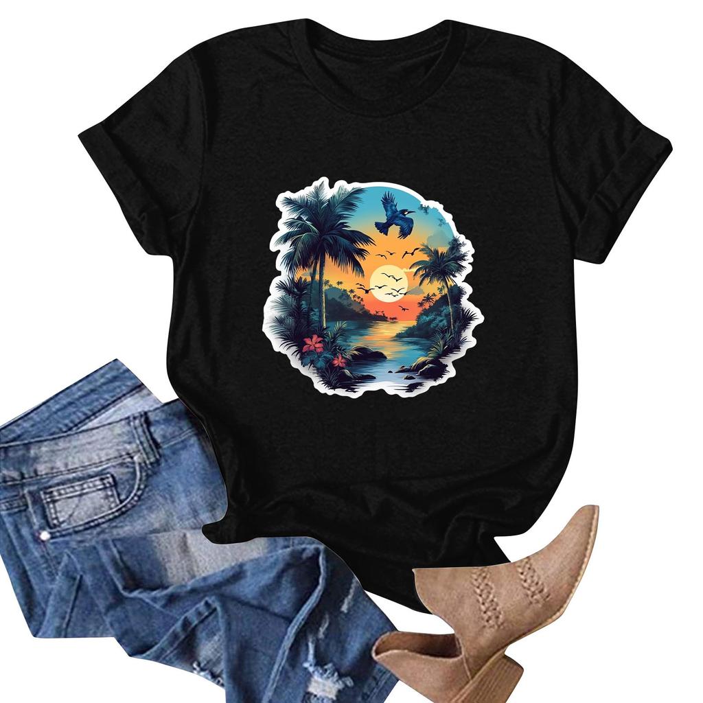 Damenmode Lässiges T-Shirt mit Hawaii-Print, kurzärmelig, kurzärmelig