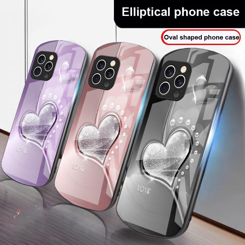 Gradient Love Silver For IPhone 16 Pro Max 15 Pro 14 13 12 Mini 11 XS Max XR 7 8 Plu SE 2022 Elliptical Glass Phone Case